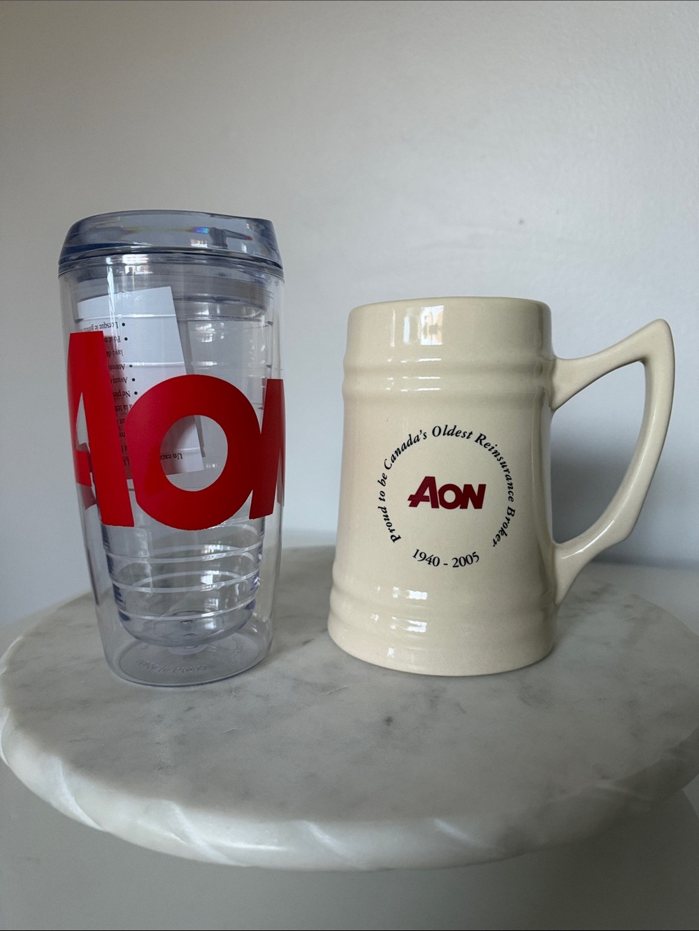Lot of 2 - Vintage M-Ware Branded AON Mug & Clear Travel Tumbler